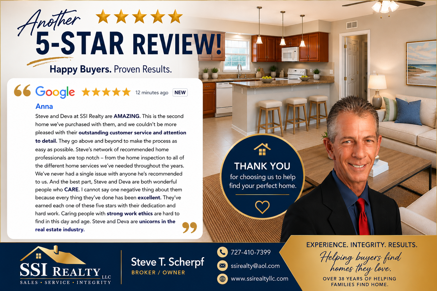 Just Sold home in Largo Florida represented by Steve T. Scherpf, Broker Owner of SSI Realty LLC, featuring a five-star review from a repeat home buyer.